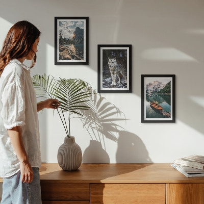 3-piece wall art set Mountains, lakes and a wolf in a natural setting