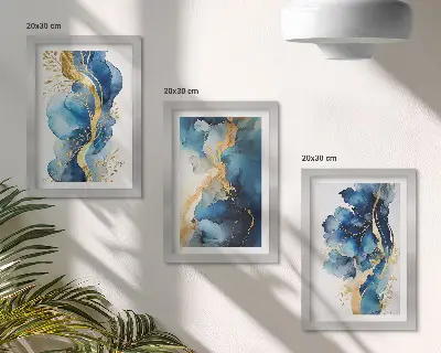 Photo frame wall with blue abstract patterns and delicate accents