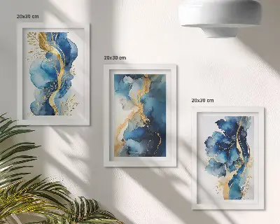 Photo frame wall with blue abstract patterns and delicate accents
