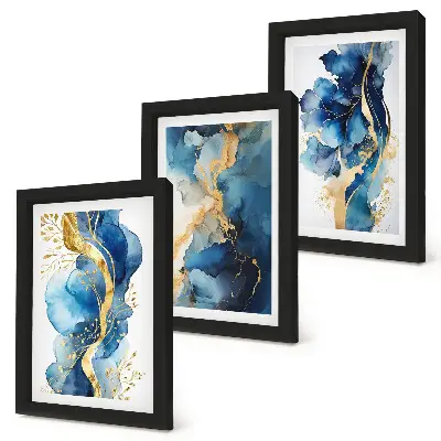 Photo frame wall with blue abstract patterns and delicate accents