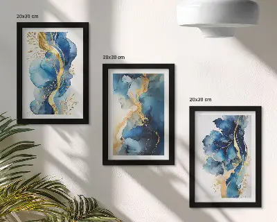 Photo frame wall with blue abstract patterns and delicate accents