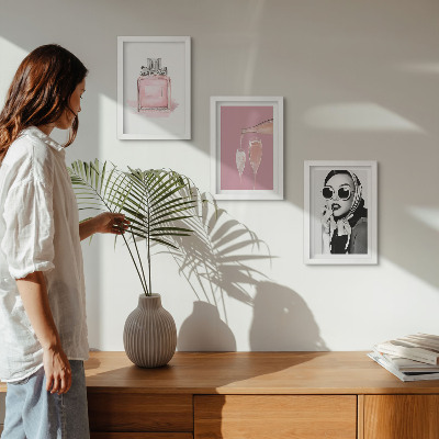 Framed triptych Stylish feminine accessories in shades of pink
