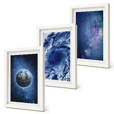 Photo frame wall featuring a view of Earth in space with a storm and galaxy of stars