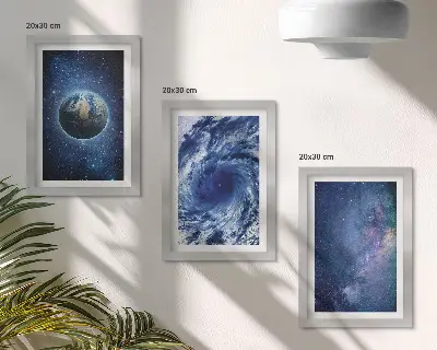 Photo frame wall featuring a view of Earth in space with a storm and galaxy of stars
