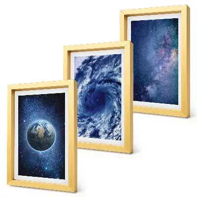 Photo frame wall featuring a view of Earth in space with a storm and galaxy of stars