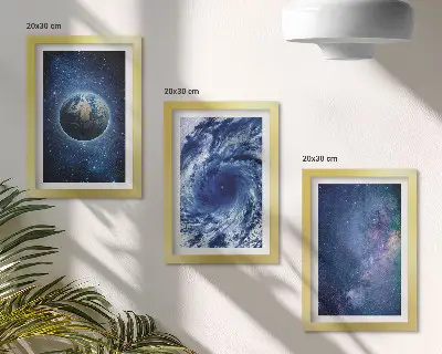 Photo frame wall featuring a view of Earth in space with a storm and galaxy of stars