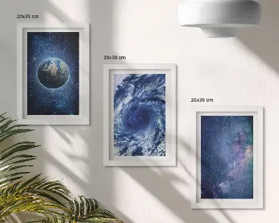 Photo frame wall featuring a view of Earth in space with a storm and galaxy of stars