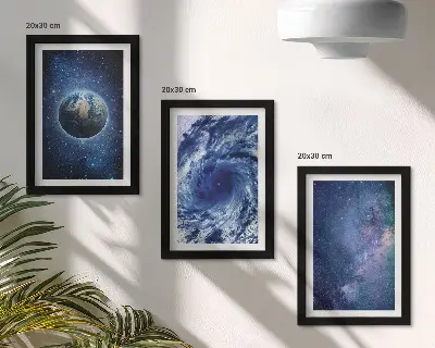 Photo frame wall featuring a view of Earth in space with a storm and galaxy of stars