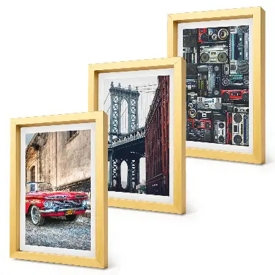 3-piece wall art set featuring an old car on the street near the Brooklyn Bridge and retro audio equipment