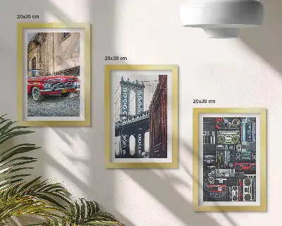 3-piece wall art set featuring an old car on the street near the Brooklyn Bridge and retro audio equipment