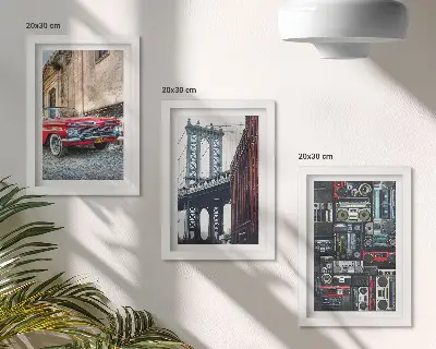 3-piece wall art set featuring an old car on the street near the Brooklyn Bridge and retro audio equipment