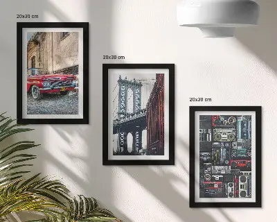 3-piece wall art set featuring an old car on the street near the Brooklyn Bridge and retro audio equipment