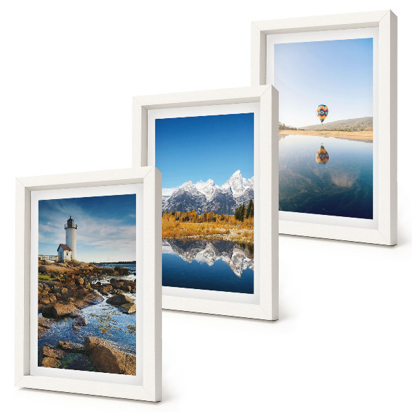 Photo frame wall Views of nature with a lighthouse, mountains, lake and balloon