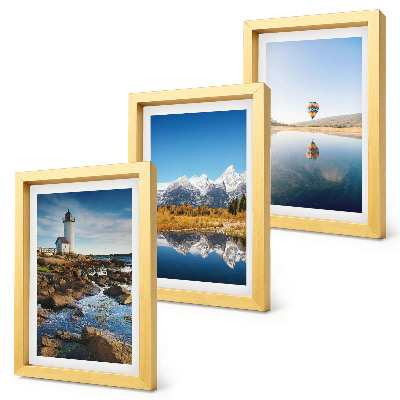 Photo frame wall Views of nature with a lighthouse, mountains, lake and balloon