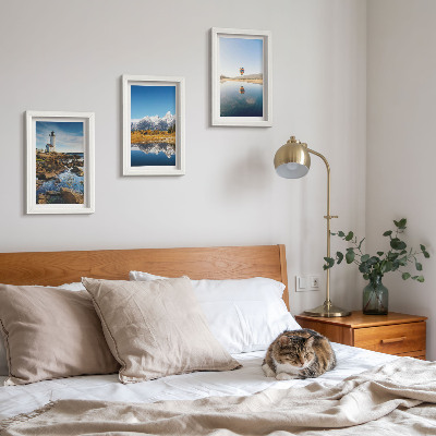 Photo frame wall Views of nature with a lighthouse, mountains, lake and balloon