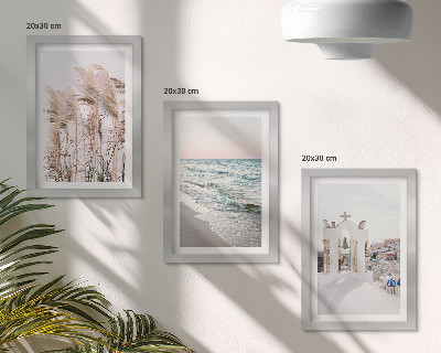 Framed triptych Seaside plants, sea waves, view of white houses