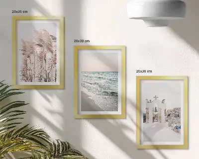 Seaside plants, sea waves, view of white houses framed triptych