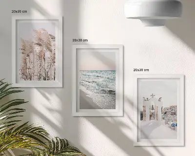 Seaside plants, sea waves, view of white houses framed triptych