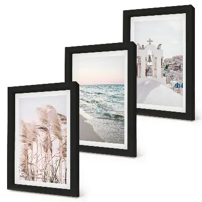 Seaside plants, sea waves, view of white houses framed triptych