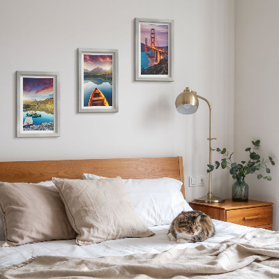3-piece wall art set Mountain views with lakes, boats and a bridge