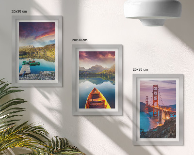 3-piece wall art set Mountain views with lakes, boats and a bridge