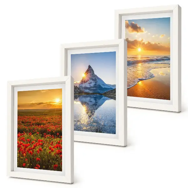 Mountain and seaside landscape triptych with sunset vistas in a frame