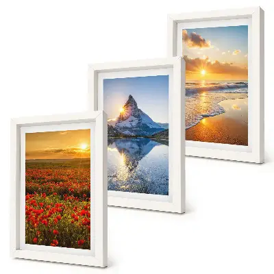 Mountain and seaside landscape triptych with sunset vistas in a frame
