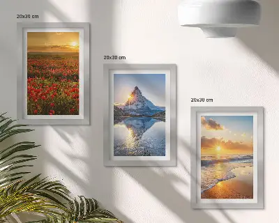 Mountain and seaside landscape triptych with sunset vistas in a frame