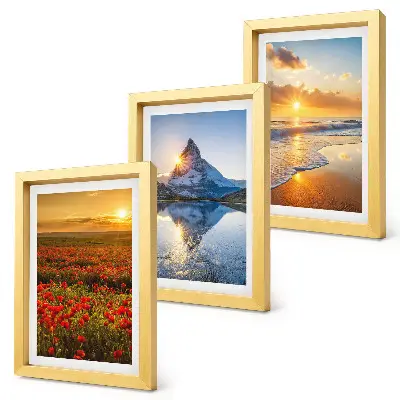 Mountain and seaside landscape triptych with sunset vistas in a frame