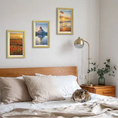 Mountain and seaside landscape triptych with sunset vistas in a frame