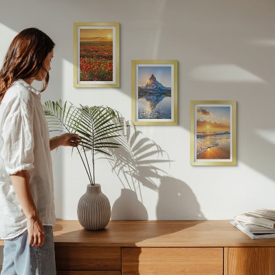 Framed triptych Mountain and seaside landscapes with sunsets