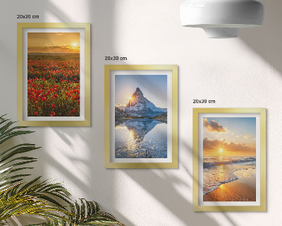 Framed triptych Mountain and seaside landscapes with sunsets