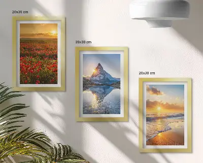 Mountain and seaside landscape triptych with sunset vistas in a frame