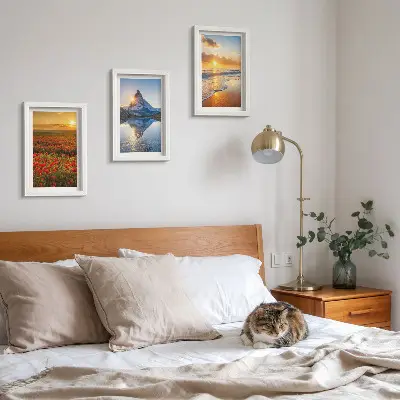 Mountain and seaside landscape triptych with sunset vistas in a frame