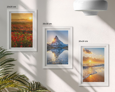 Framed triptych Mountain and seaside landscapes with sunsets
