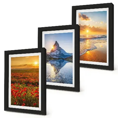 Mountain and seaside landscape triptych with sunset vistas in a frame