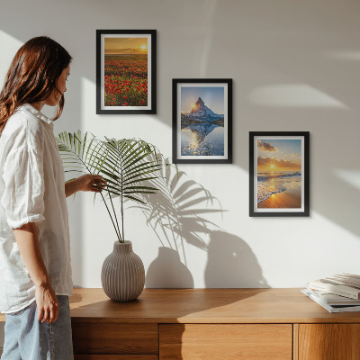Framed triptych Mountain and seaside landscapes with sunsets
