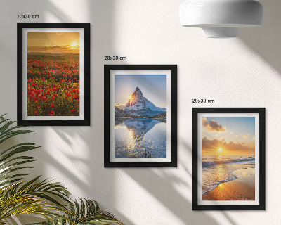 Framed triptych Mountain and seaside landscapes with sunsets