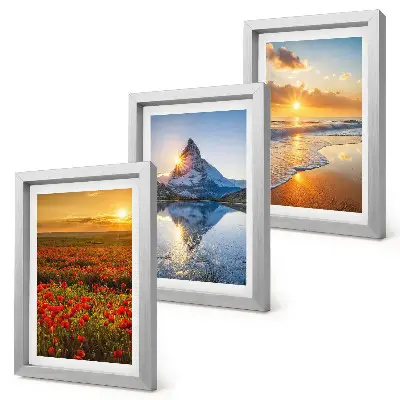 Mountain and seaside landscape triptych with sunset vistas in a frame