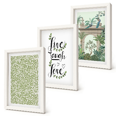 3-piece wall art set Green leaves, inscriptions and exotic plants in architecture