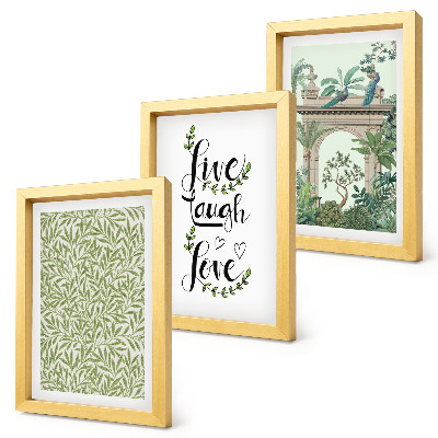 3-piece wall art set Green leaves, inscriptions and exotic plants in architecture