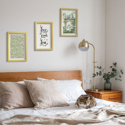 3-piece wall art set Green leaves, inscriptions and exotic plants in architecture