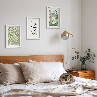 3-piece wall art set Green leaves, inscriptions and exotic plants in architecture