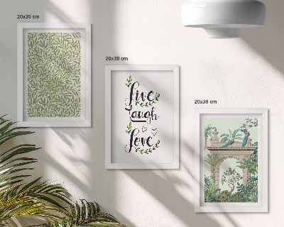 3-piece wall art set Green leaves, inscriptions and exotic plants in architecture