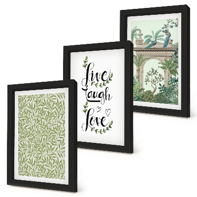 3-piece wall art set Green leaves, inscriptions and exotic plants in architecture