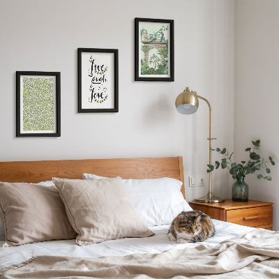 3-piece wall art set Green leaves, inscriptions and exotic plants in architecture