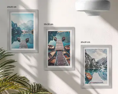 Photo frame wall calm lake with wooden piers and boats