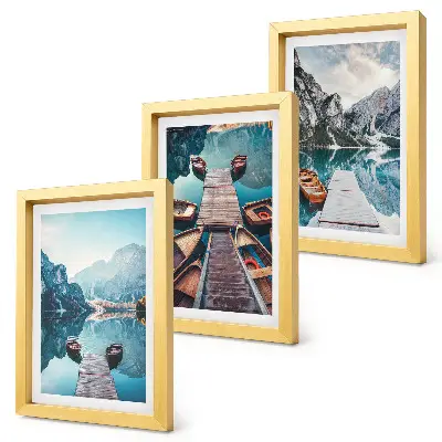 Photo frame wall calm lake with wooden piers and boats