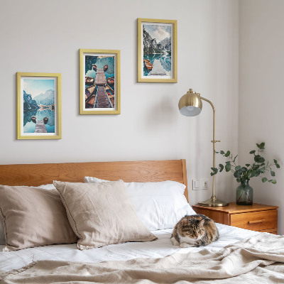 Photo frame wall A calm lake with wooden piers and boats