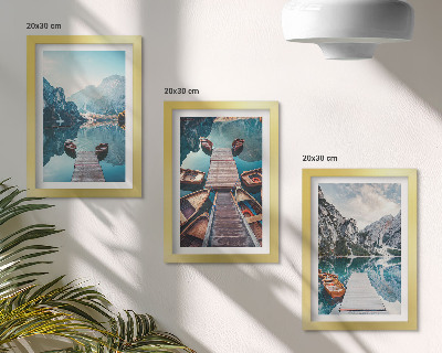 Photo frame wall A calm lake with wooden piers and boats
